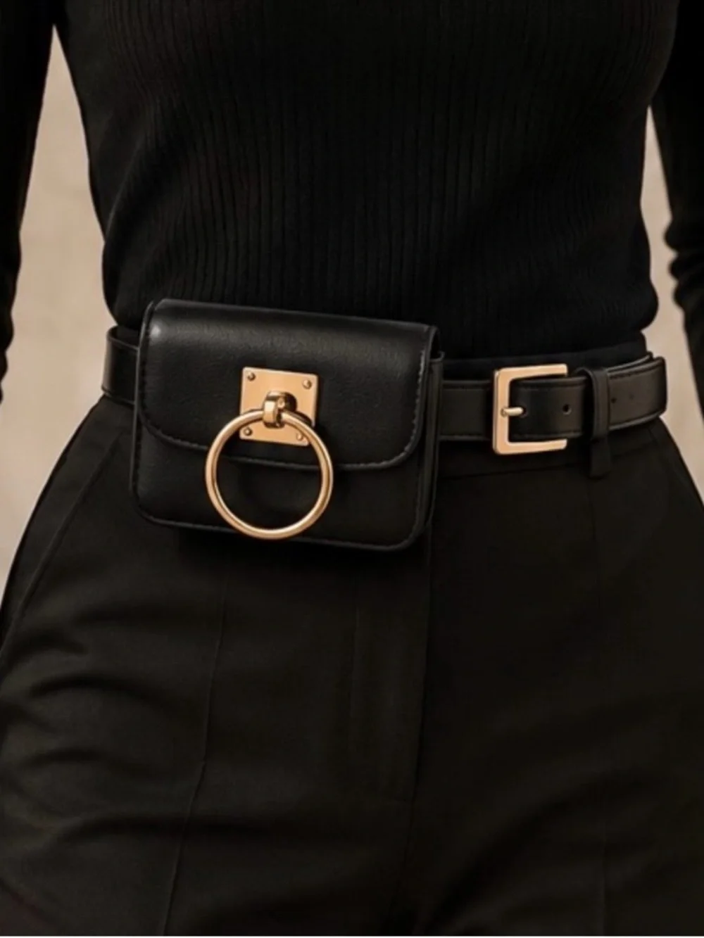 Black Vegan Leather Belt Bag with Gold Ring Hardware